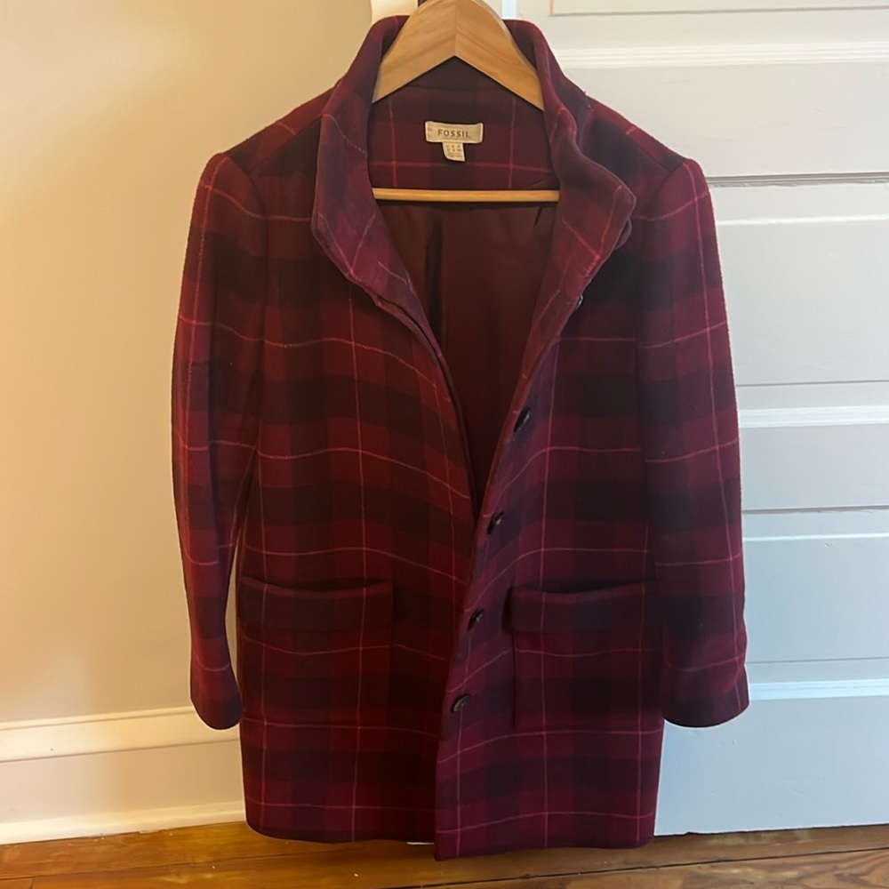 Fossil knee length plaid winter coat - women’s wool blend